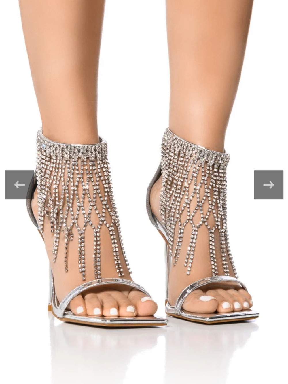 Azalea Wang Empriss Silver Rhinestone Fringe Ankle-Cuff Stiletto Sandals